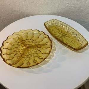 MCM 2pc vintage boho amber glass serving plates